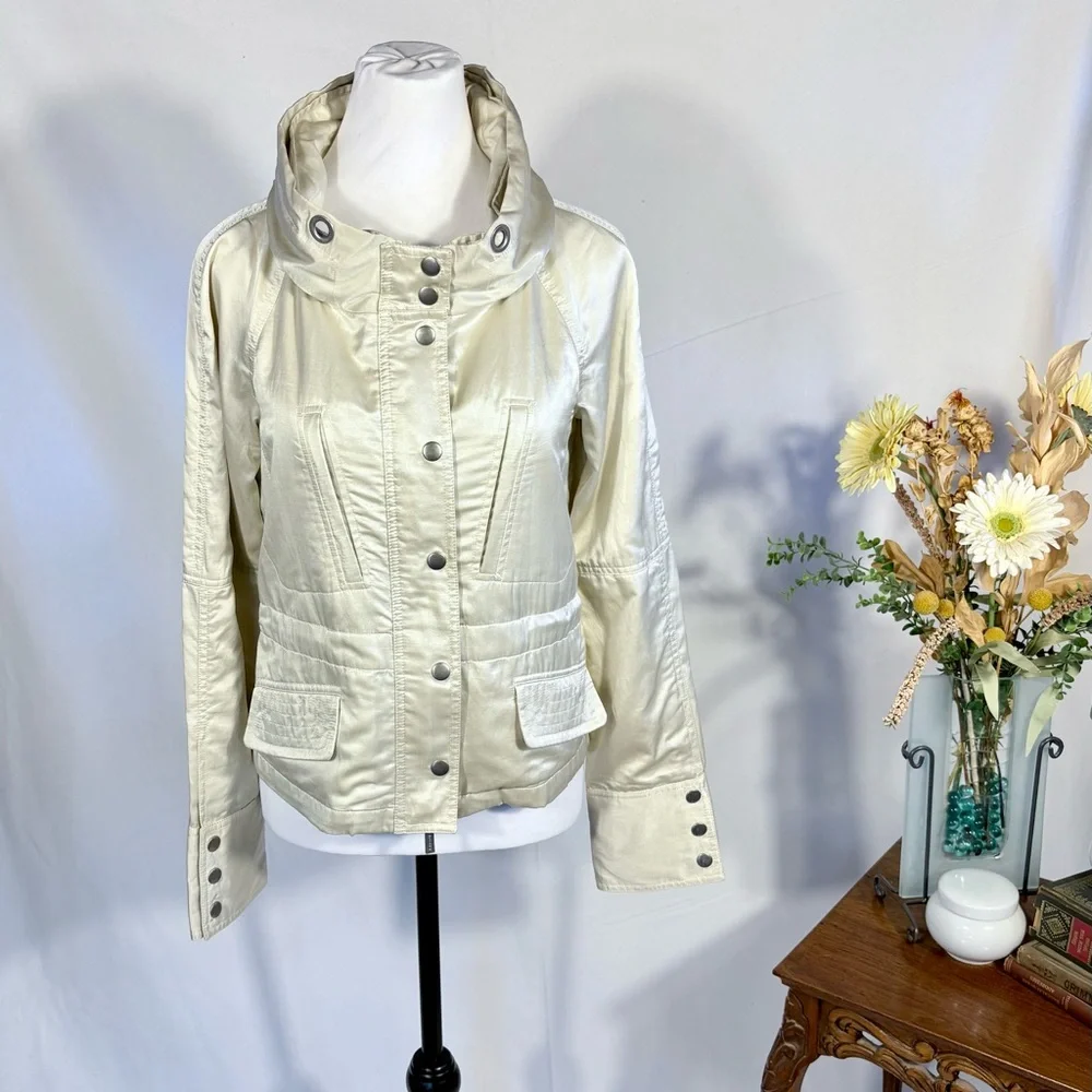 Theory Pearlized Utility Jacket Hidden Hood Adjustable Waist Cinch Ivory~S🧡